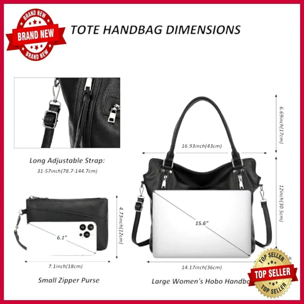 Large Vegan Leather Hobo Tote with Adjustable Strap and Multiple Pockets